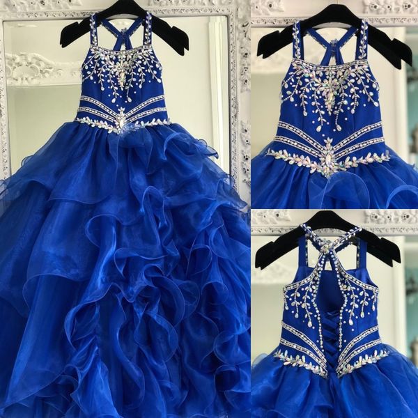Little Miss Pageant Dress para adolescentes Juniors Toddlers 2021 Beading AB Stones Crystal Long Prom Dress Girl Fiesta formal Volantes con cordones Organza ritzee
