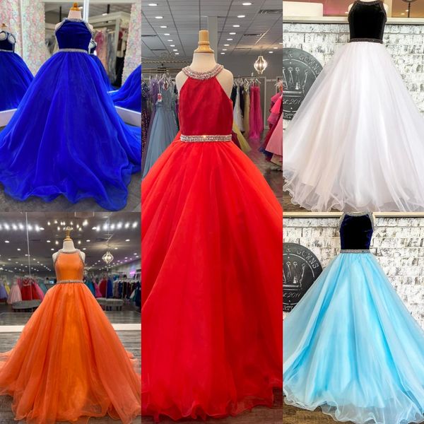 Little Miss Dess Dress para adolescentes Juniors niños 2022 Beading Ab Stones Crystal Long Pageant Gown Girl Fiest Formal Rosie Royal Blue Velvet Organza Bequeo Back