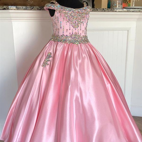 Little Miss Pageant Dress para adolescentes Juniors Toddlers 2021 Beading AB-Stones Crystal Pink Satin Long Girls Vestido de fiesta Fiesta formal r265t