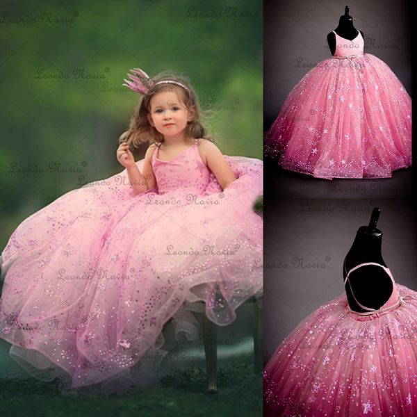 Little Muse Pink Flower Girl Vestidos para la boda Apliques de encaje Lentejuelas Spaghetti Ball Dress Girls Pageant Dress Niños Ropa formal