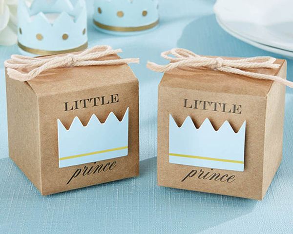 Boîte à dragées en papier Kraft Petit Prince/Princesse, cadeau pour fête prénatale, avec nœud en ficelle, paquet de 48 pièces