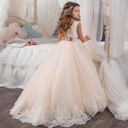Petite reine robe dentelle blanche robes de fille de fleur fête de mariage perlée taille robe pour enfants 2021 vente 03251R