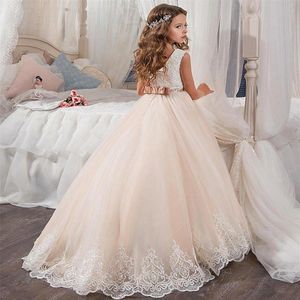 Petite reine robe dentelle blanche robes de fille de fleur fête de mariage perlée taille robe pour enfants 2021 vente 03307K