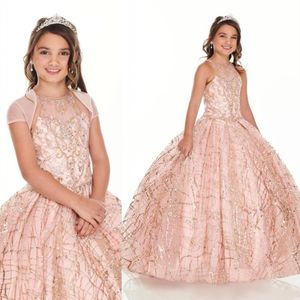 Little Rose Gold Lovertjes Kant Meisjes Pageant Jurken Crystal Kralen Roze Kids Prom Jurken Verjaardagsfeestje Jurken Voor Kleine Meisjes W3164