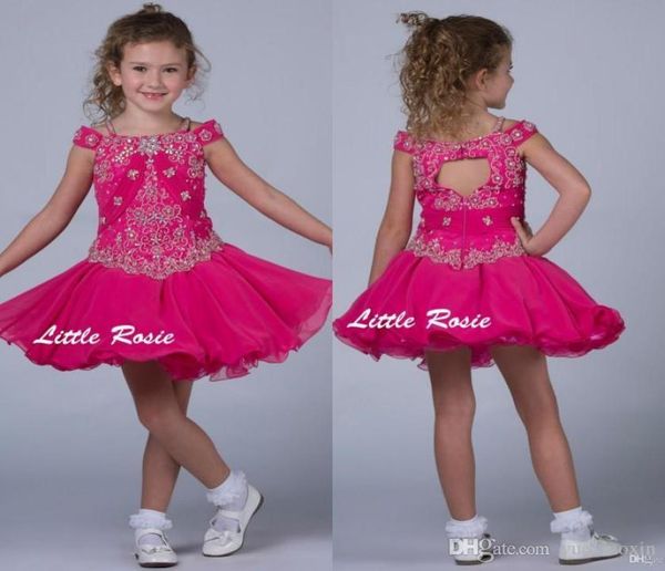 Little Rosie Kids Vestidos de novia fucsia para niñas de flores con hombros descubiertos Vestidos de desfile de magdalenas para niños pequeños Lentejuelas Rebordear Volantes Princess9822989