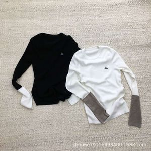 Little Saturn – haut tricoté à manches colorées pour femmes, broderie, col rond, noir, blanc, coupe cintrée, bas de chemise