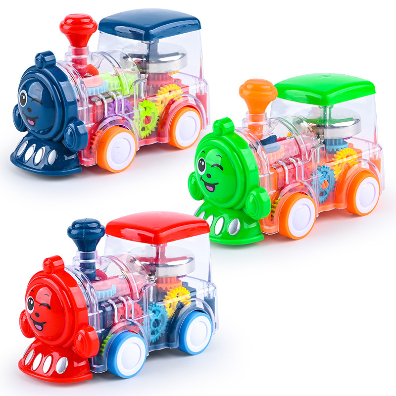 Klein transparant wrijvingsautospeelgoed Traagheidsvoertuig met LED-effecten en beltoonkleur Bewegend tandwiel Trein Verjaardagseducatief speelgoed
