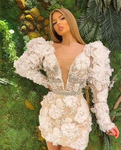 Petite Robe Blanche 3D Floral Manches Longues Courtes Robes De Cocktail De Bal Pleine Dentelle Perlée Arabe Courte Mini Robe De Soirée De Cocktail