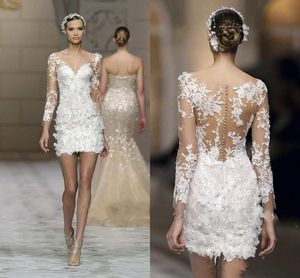 Petite robe blanche pleine dentelle robes de mariée courtes avec manches longues Illusion dos luxe 3D Floral été plage robe de mariée