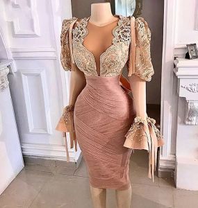 Petite robe blanche à manches longues pure col rond femmes africaines fête bal nuit automne célébrité Dubaï Rose rose dentelle Cocktail robes de soirée CG001