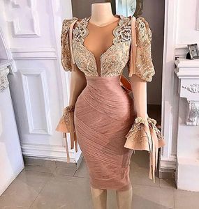 Petite robe blanche à manches longues et col rond pour femmes africaines, soirée de bal, célébrité d'automne, dubaï Rose, dentelle Rose, robes de soirée de cocktail