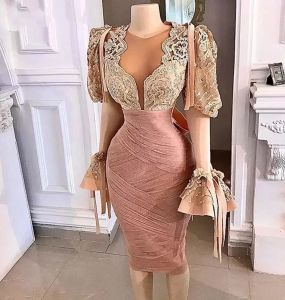 Pequeño vestido blanco de manga larga con cuello redondo transparente para mujer africana fiesta de graduación noche de otoño celebridad Dubai rosa vestido de noche de cóctel de encaje rosa BC18149