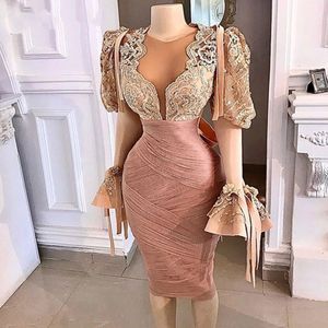 Kleine witte jurk lange mouw pure o-neck African Women Party Prom Night Autumn Celebrity Dubai Rose Pink Lace Cocktail Evening Jurk 219r