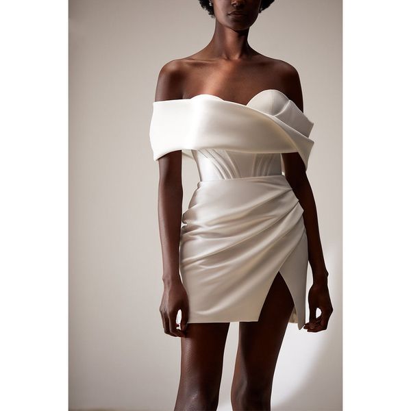 Petite robe blanche Sexy fente courte plage robes de mariée 2022 moderne tache hors épaule à lacets dos nu robe de mariée