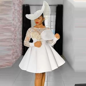 Kleine witte jurk korte cocktailjurk met pure nek kralen appliques lange mouwen mini prom jurk formeel feest aso ebi vestidos