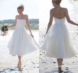 petites robes blanches Boho courte sans bretelles été plage robe de mariée thé longueur dos nu robe de mariée grande taille robe de mari￩e
