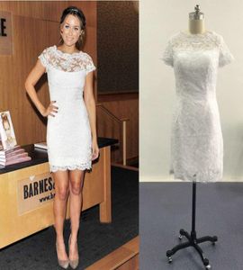 Petites robes blanches Cap manches courtes Alençon dentelle Mini robes de célébrité Images réelles robes de soirée d'été 3830342