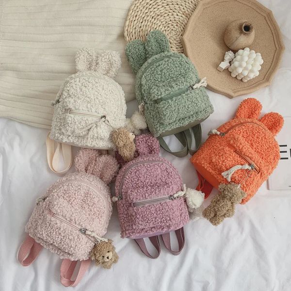 Petit lapin à oreilles de laine sac à dos de vacances pour enfants en peluche jouet sac de maternelle mignon porte-monnaie enfants cadeaux d'anniversaire 240113