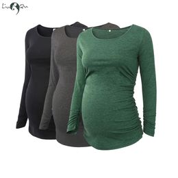 LIU QU SAVE Blusas de maternidad de manga larga para mujeres embarazadas Tops favorecedores ropa fruncida lateral camiseta de embarazo 240111