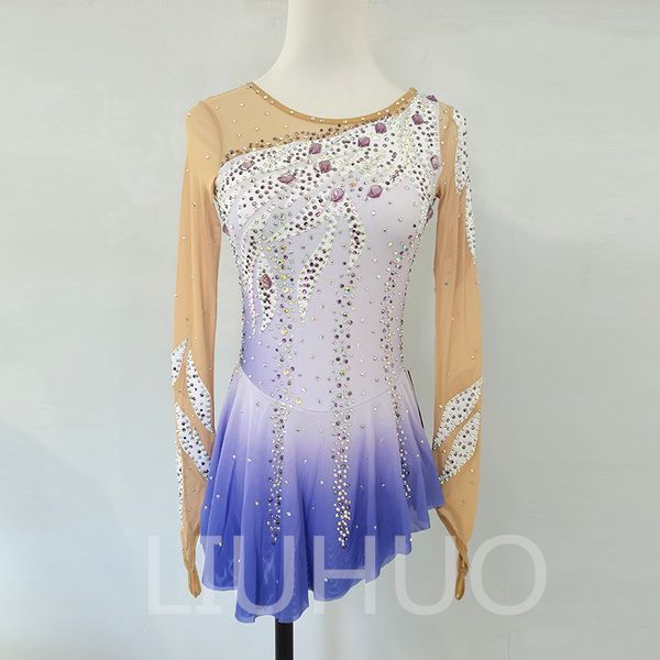 LIUHUO Personnaliser les couleurs robe de patinage artistique filles adolescents jupe de danse de patinage sur glace cristaux de qualité extensible Spandex vêtements de danse Ballet violet dégradé BD7024