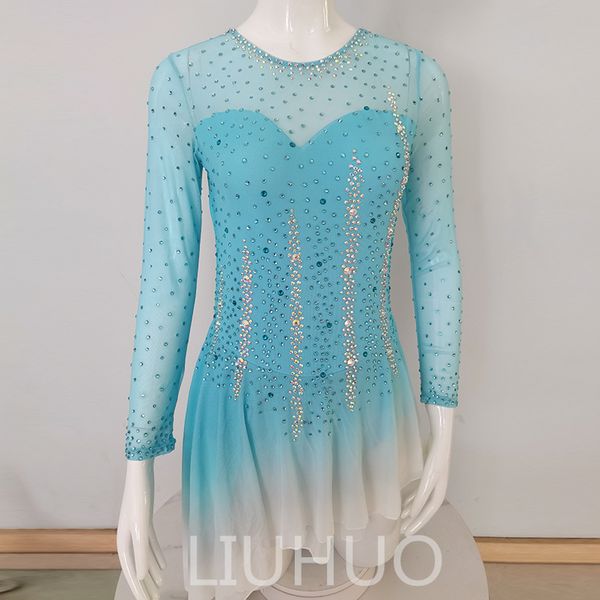 LIUHUO Personalizar Colores Vestido De Patinaje Artístico Niñas Adolescentes Verde-Azul Patinaje Sobre Hielo Falda De Baile Cristales De Calidad Elástico Spandex Ropa De Baile Rendimiento De Ballet