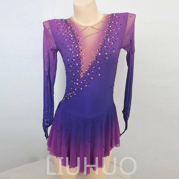 LIUHUO Personalizar Colores Vestido De Patinaje Artístico Niñas Adolescentes Patinaje Sobre Hielo Falda De Baile Cristales De Calidad Elástico Spandex Ropa De Baile Rendimiento De Ballet Degradado Púrpura