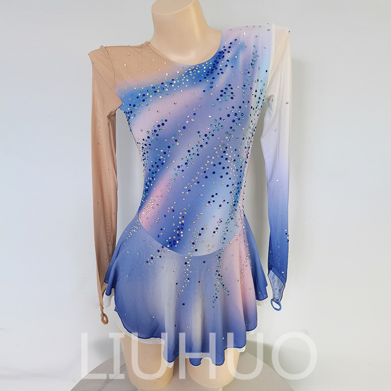 LIUHUO Настроить цвета Платье для фигурного катания Девушки Катание на коньках Юбка для танцев Качественные кристаллы Эластичный спандекс Танцевальная одежда Балет Синий BD1642