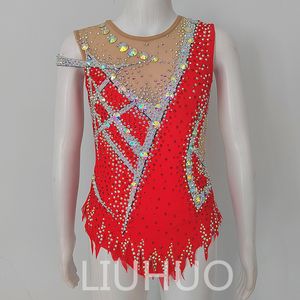 LIUHUO Personnaliser Les Couleurs Justaucorps De Gymnastique Rythmique Filles Femmes Compétition Artistique Gymnastique Performance Porter Cristaux Rouge BD1793