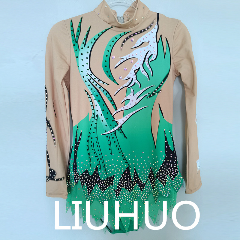 Liuhuo personnaliser les couleurs rythmique gymnastique justaucorps féminin compétiment artiste gymnastique performance usure cristaux verts bd529