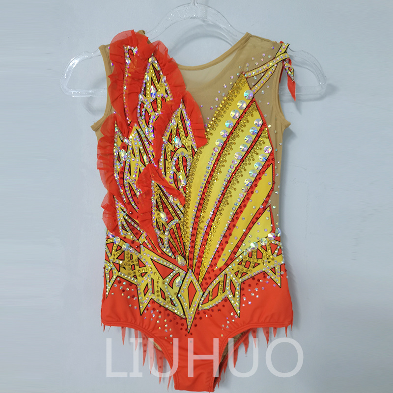 LIUHUO Personalizza i colori Body per ginnastica ritmica Ragazze Donne Competizione Artistica Ginnastica Performance Wear Cristallo Rosso-Giallo