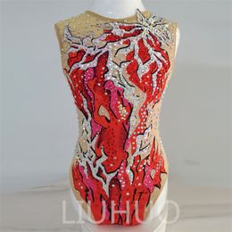 LIUHUO Personalizar Colores Trajes De Baño Sincronizados Niñas Mujeres Cristales De Calidad Diamantes De Imitación Elásticos Calidad Equipo De Natación Rendimiento Rojo BD1870