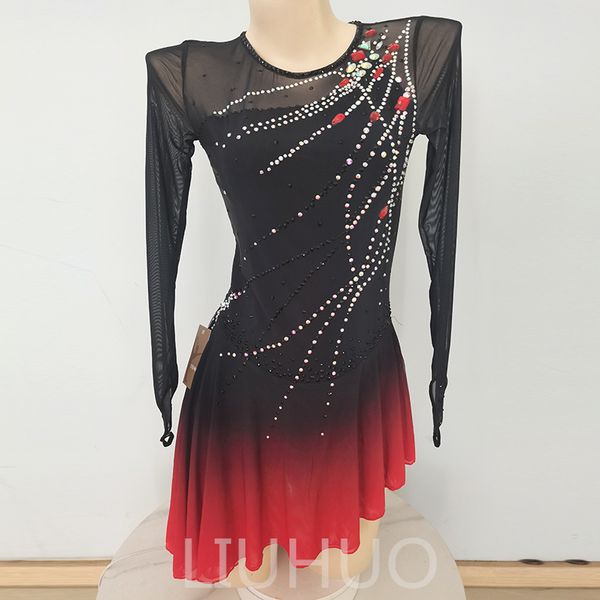 LIUHUO Robe de Patinage Artistique Filles Adolescents Noir-Rouge Patinage sur Glace Jupe de Danse Cristaux de qualité Extensible Dancewear Performance de Ballet