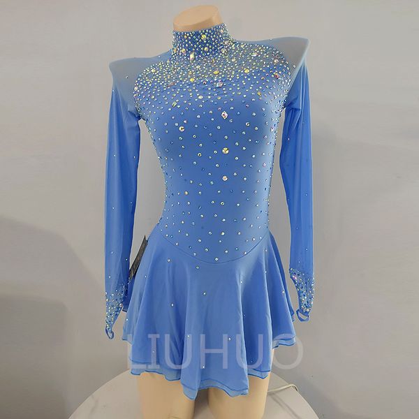 LIUHUO Robe de Patinage Artistique Filles Adolescents Bleu Patinage sur Glace Jupe de Danse Cristaux de qualité Extensible Spandex Dancewear Ballet Performance