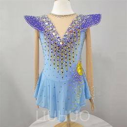 LIUHUO Vestido De Patinaje Artístico Niñas Adolescentes Mangas Largas Falda De Baile De Patinaje Sobre Hielo Azul Cristales De Calidad Ropa De Baile Cristales De Rendimiento De Ballet