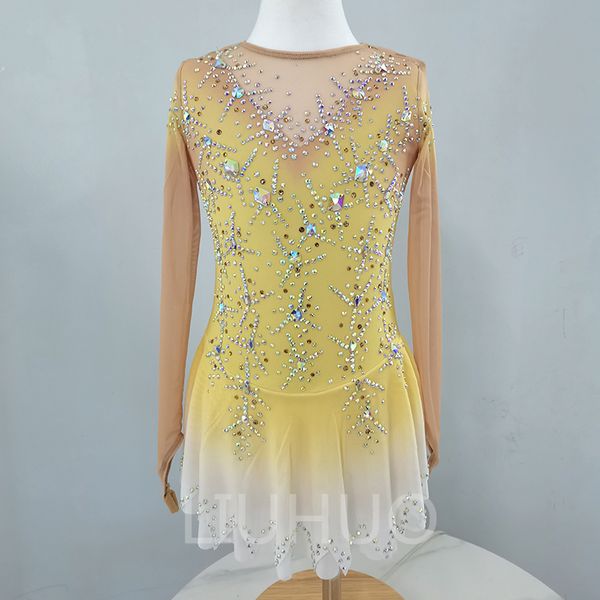 Vestido de patinaje figurado de Liuhuo adolescentes de mangas largas de hielo amarillo falda de baile cristales de calidad