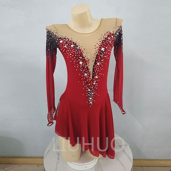 LIUHUO robe de patinage artistique filles adolescents jupe de danse de patinage sur glace rouge cristaux de qualité vêtements de danse Performance de Ballet