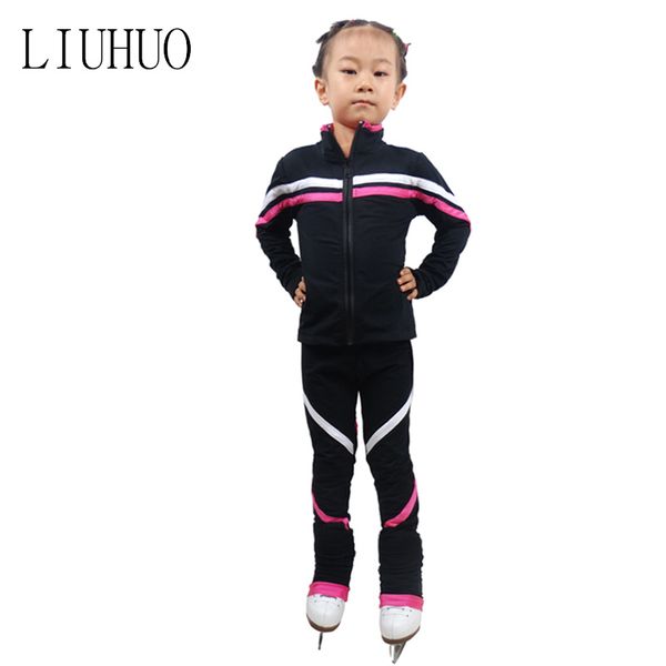 LIUHUO Costumes d'entraînement de patinage artistique et pantalons en velours Pantalons de patinage artistique sur glace Filles Femmes Entraînement Entraînement Pratique Skate Tops Leggings Streak Noir