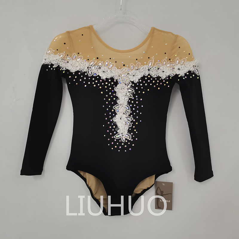 LIUHUO Body per ginnastica ritmica Ragazze Donne Nero Competizione Artistica Ginnastica Performance Wear