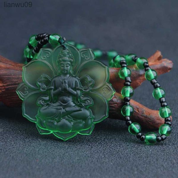 Liuli cristal Buda verde Tara amuleto Buda encantos budismo tibetano religión amuleto colgante cuentas de cristal collar de cristal L230704