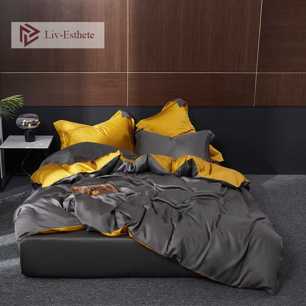 Liv-Esthete Hombres 100% Juego de cama de seda Lujo Saludable Belleza Funda nórdica Sábana ajustable Funda de almohada Queen King Bed 210615