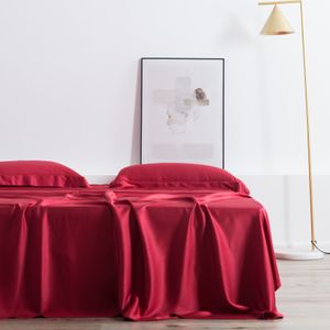 Liv-esthete wijn rood 100% zijde beddengoed set vrouwen schoonheid gezonde dekbedovertrek set plat plaatbed linnen voor gezond bed set 4pcs