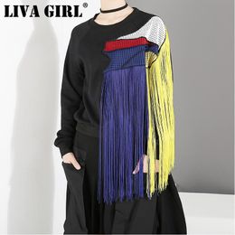 LIVA GIRL – sweat-shirt à manches longues et col rond pour femme, ample, avec glands noirs, Joint fendu, à la mode, nouvelle collection automne hiver