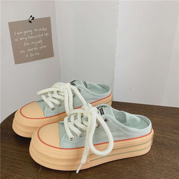 Live 2023 Streaming Celebrity Style Internet Mint Canvas verde para mujeres en verano con dos telas planas Versión coreana Zapatos para mujer 16706 Wearg S