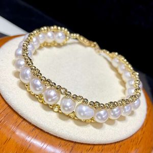 Bracelet de perles d'eau douce naturelles, tissé avec des objets artisanaux multicouches faits à la main, style de luxe léger pour femmes, diffusion en direct