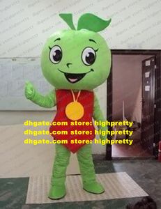 Costume de mascotte de pomme verte animée mascotte avec grosse médaille d'or jaune bandeau rouge visage souriant adulte n ° 1402