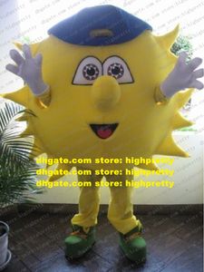 Costume de mascotte du soleil jaune animé mascotte adulte ensoleillé avec gros bonnet bleu beaucoup de feu de feu