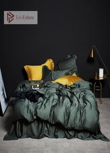 Livesthete Deep Sleep Green 100 zijde beddengoed set Queen King Solid Color Dekbed kapblad Bedel Flat Pillowcace Bed Set T2004749423