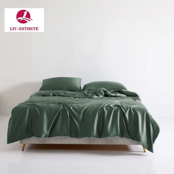 Livesthete Luxury vert foncé 100% Silk Fitted Litching Ensemble de couette de couette de couette à couvercle Double Queen King Bed lin 240417