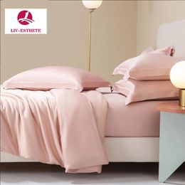 Livesthete Women Pink Pure Pure 100% Silk Bedding Set Cover Sedusevet Cover Flat Flat Almow -Cubas de almohada Reina King For Sleep Gift 240424