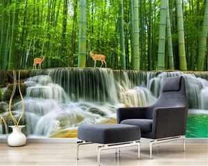 Living 3D Wallpapers Emerald Bamboo Forest Waterval Sika Deer Mooie Landschap Zijde Muurschildering Behang